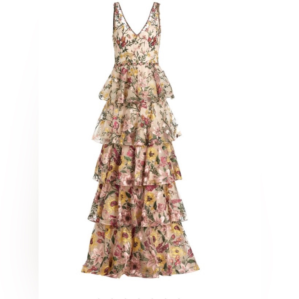 Marchesa Notte Embroidered Tulle V-neck Gown
